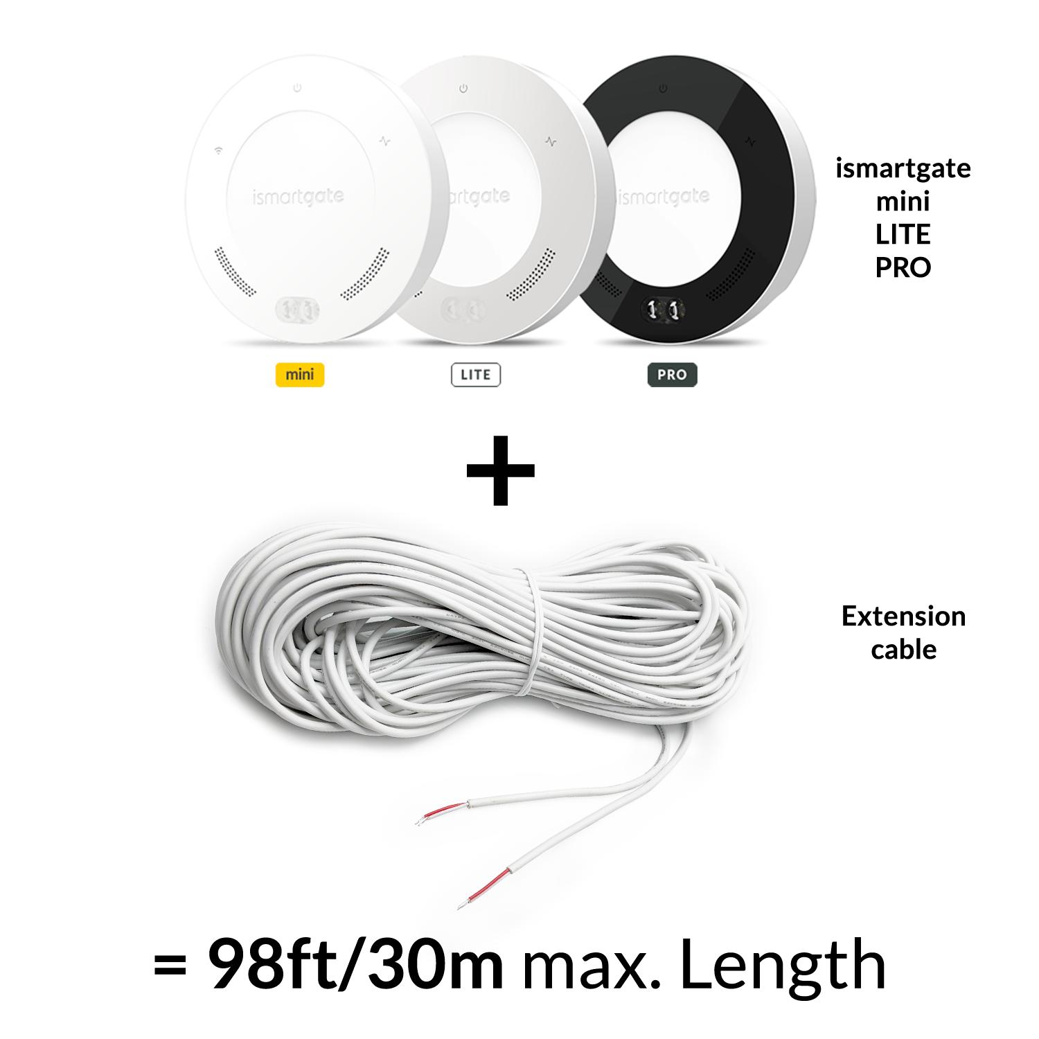 98ft (30m) long extension cable to connect ismartgate PRO to multiple openers or extend the length of the iSG-WDS sensor.